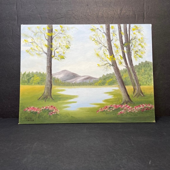 Handpainted Spring Landscape Painting 12x16  Canvas Signed Vtg Original - Picture 4 of 5